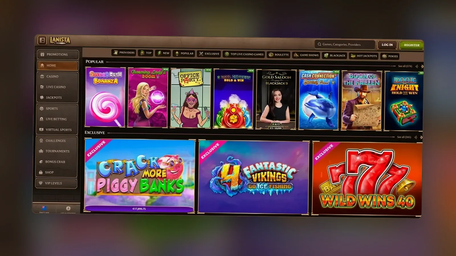 La lobby di Lanista, con il menu laterale che porta a sport, scommesse live e sport virtuali